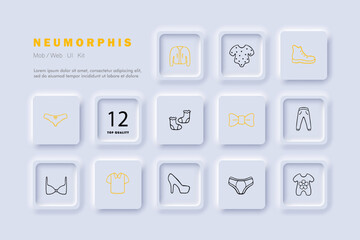 Women's clothing line icon. Pajamas, underwear, pants, boots, shoes, bra, socks. Neomorphism style. Vector line icon