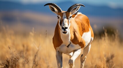 A Pronghorn (Antilocapra americana) sprinting across the plains of Wyoming's Yellowstone National Park, its sleek body and white markings a picture of speed and grace.