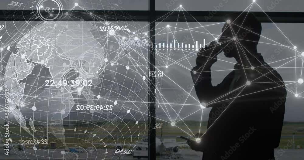 Poster animation of data and network of connections over caucasian businessman and globe