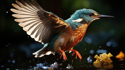 A Kingfisher (Alcedo atthis) diving into a river in the English countryside, its brilliant blue and orange feathers a flash of color against the green backdrop.