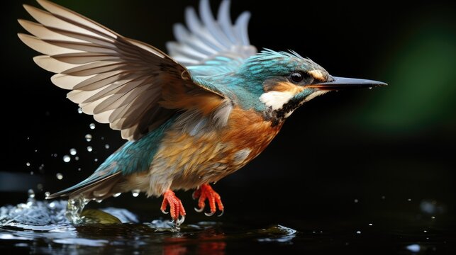 A Kingfisher (Alcedo atthis) diving into a river in the English countryside, its brilliant blue and orange feathers a flash of color against the green backdrop. © blueringmedia