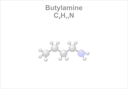Simplified scheme of the butylamine molecule. Use as flavoring agent, and as precursor for e.g., pharmaceuticals.