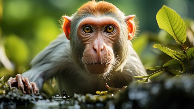 A proboscis monkey (Nasalis larvatus) leaping between trees in Borneo's mangrove swamps, its distinctive long nose and potbelly making a curious sight against the lush green foliage.