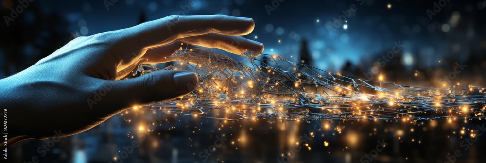 Poster ai, machine learning, hand of robot touching on big data network,. ai generated