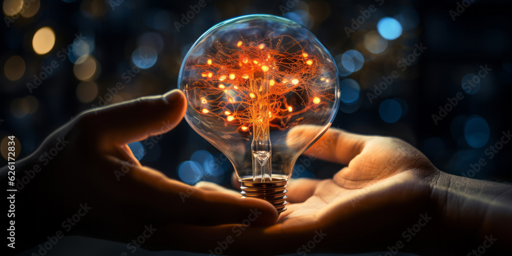 Poster hand of robotic holding glowing colorful brain circuit in light bulb on big data processing. ai gene