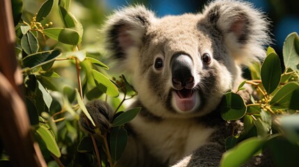 Fototapeta premium A Koala (Phascolarctos cinereus) munching on eucalyptus leaves in a tree in South Australia, its fluffy ears and round nose a charming sight against the green backdrop.
