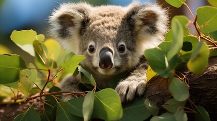 Obraz premium A Koala (Phascolarctos cinereus) munching on eucalyptus leaves in a tree in South Australia, its fluffy ears and round nose a charming sight against the green backdrop.