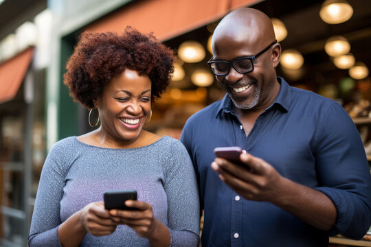 Attractive Mature Black Woman And Black Man With Phone On Studio Color Background. AI Generated