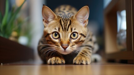 A Bengal Cat (Felis catus) stalking a toy in a living room, its striking leopard-like coat and green eyes creating a wild sight in a domestic setting.
