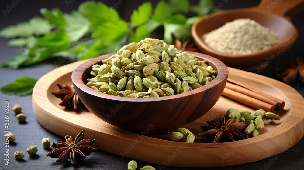 Wall mural A realistic image of spice cardamom. AI Generated