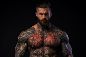 Confident man with muscular body tattooed on black background. AI Generated - obrazy, fototapety, plakaty
