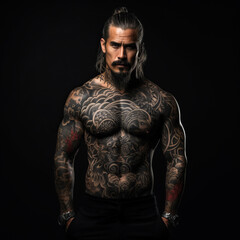 Fototapeta na wymiar Confident man with muscular body tattooed on black background. AI Generated