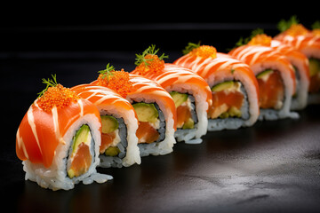 Delicious sushi rolls on black table Japanese food. AI Generated