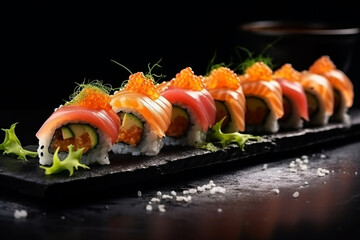 Delicious sushi rolls on black table Japanese food. AI Generated
