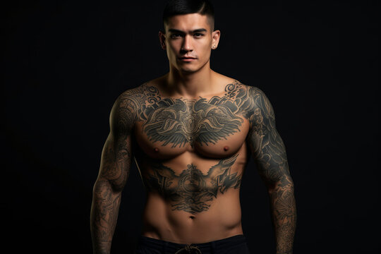Confident man with muscular body tattooed on black background. AI Generated