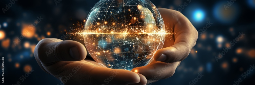 Poster hand of businessman touching circle global network connection and data exchanges on sunset backgroun