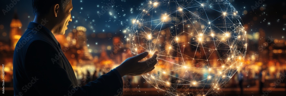 Poster hand of businessman touching circle global network connection and data exchanges on sunset backgroun