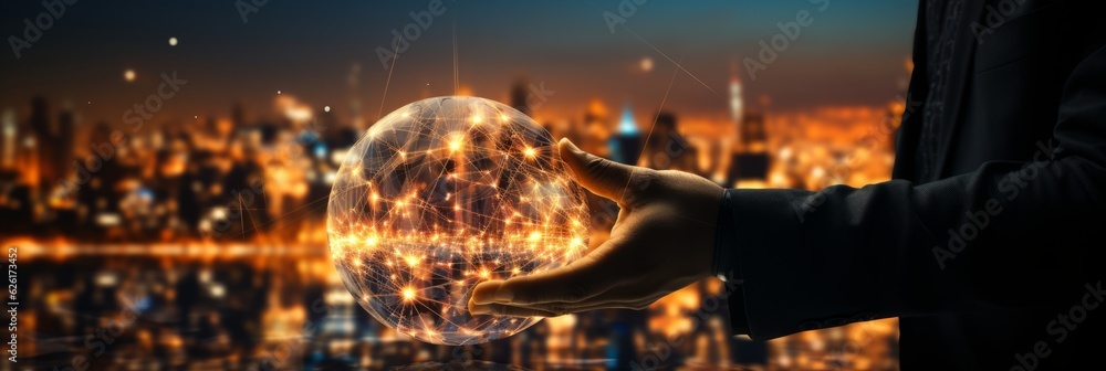 Poster hand of businessman touching circle global network connection and data exchanges on sunset backgroun