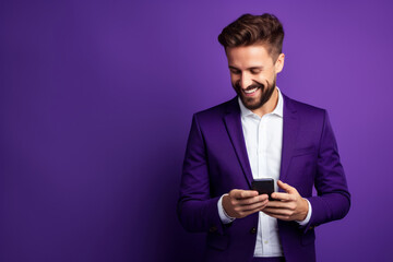 man with phone on purple background. AI Generated