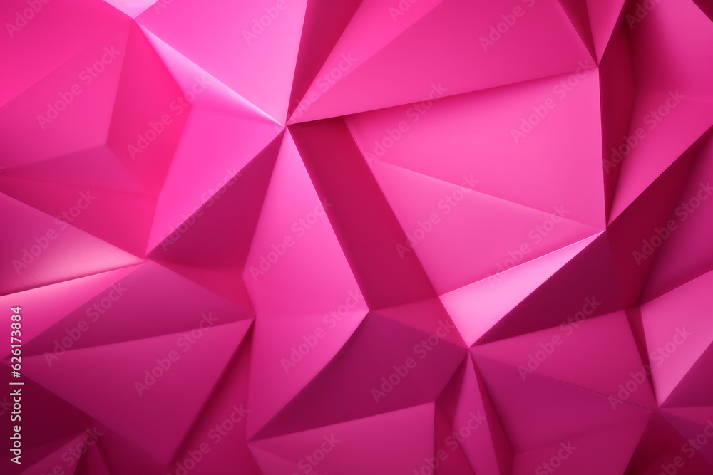 Poster pink polygonal surface with triangular pyramids. . ai generated