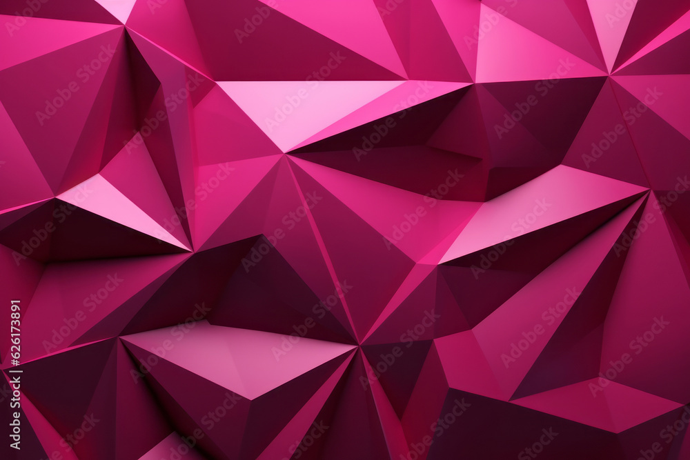 Poster pink polygonal surface with triangular pyramids. . ai generated