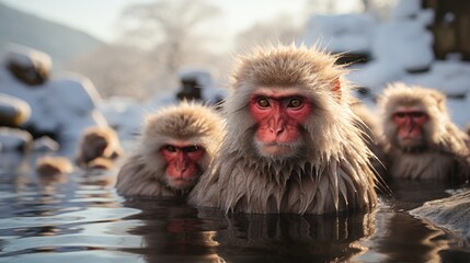 Fototapeta premium A group of Japanese Macaques (Macaca fuscata) bathing in the hot springs in Nagano, their reddish faces and thick fur a heartwarming sight against the snowy landscape.
