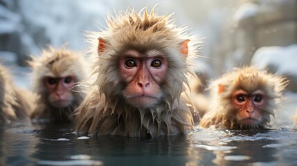A group of Japanese Macaques (Macaca fuscata) bathing in the hot springs in Nagano, their reddish faces and thick fur a heartwarming sight against the snowy landscape.