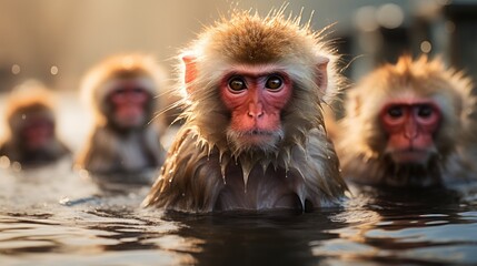 Fototapeta premium A group of Japanese Macaques (Macaca fuscata) bathing in the hot springs in Nagano, their reddish faces and thick fur a heartwarming sight against the snowy landscape.