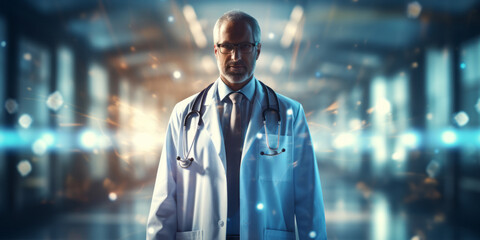 Fototapeta premium Medicine doctor with stethoscope and icon health care on virtual interface and patients. AI Generated
