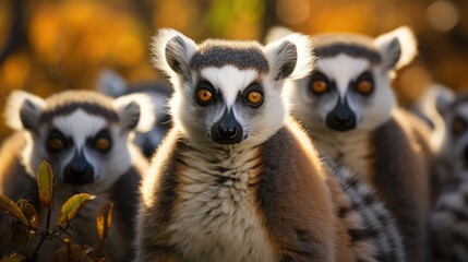 Obraz premium A group of Ring-tailed Lemurs (Lemur catta) sunbathing in the forests of Madagascar's Isalo National Park, their striped tails and orange eyes a striking image.