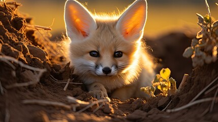 A Fennec fox (Vulpes zerda) emerging from its burrow in the Sahara desert, its large ears and golden coat catching the light of the setting sun.