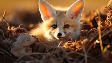 Naklejka na ściany i meble A Fennec fox (Vulpes zerda) emerging from its burrow in the Sahara desert, its large ears and golden coat catching the light of the setting sun.