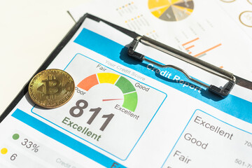 Financial growth concept. Histogram with Bitcoin, keyboard and printed graph. Photo new virtual money