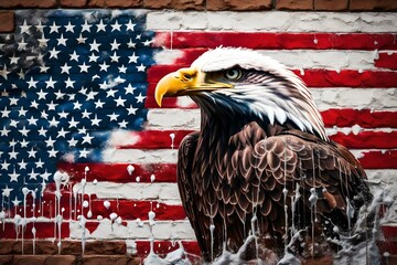 A bald eagle and american flag mural on a brick wall. Ai generated art.