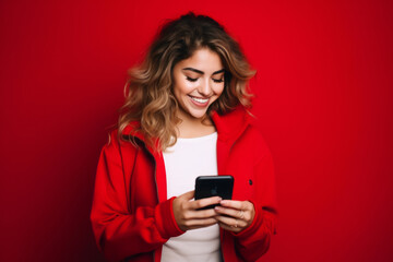Fototapeta premium woman with phone on red background. AI Generated