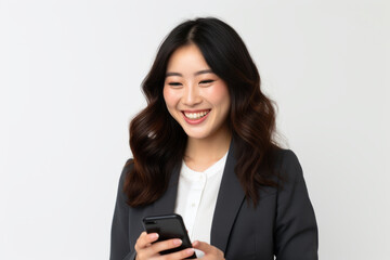 Fototapeta premium woman with phone on white background. AI Generated