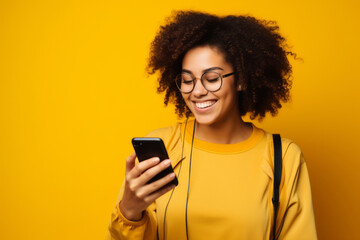 Fototapeta na wymiar woman with phone on yellow background . AI Generated