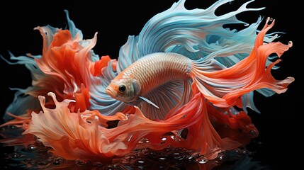 A Siamese Fighting Fish or Betta (Betta splendens) swirling in a fishbowl, its vibrant blue and red fins flowing gracefully in the water.