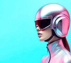 Fototapeta premium Futuristic fashionable female model wearing iridescent suit and helmet. Tech-chic neon background. Ai generated image