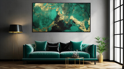 Modern living room with green marble texture painted background on the wall,3D Watercolor abstract artificial marbled surface, Nordic emerald green and gold for home decorative, Generated AI.