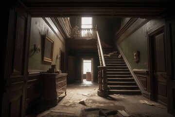 Generative AI illustration of abandoned haunted manor house interior, Generative AI