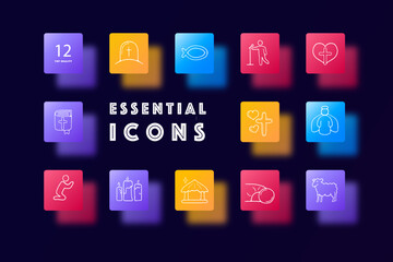 Naklejka premium Religion line icon. Church, bible, prayer, tombstone, angel, heart, candles, sermon, flock. Glassmorphism style. Vector line icon