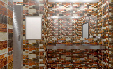 Clean public toilet room empty with wooden partition. 3D rendering.. Blank paintings.  Mockup.