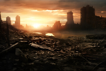 post apocalyptic city ruins landscape sunrise