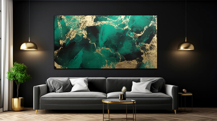 Modern living room with green marble texture painted background on the wall,3D Watercolor abstract artificial marbled surface, Nordic emerald green and gold for home decorative, Generated AI.