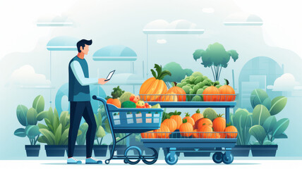 A person pushes a shopping cart and chooses products, lustration. AI Generated