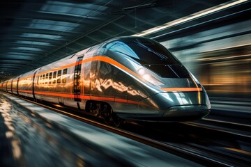 Fototapeta premium high-speed futuristic train arriving on platform, ai tools generated image
