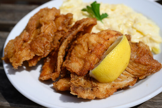 Backfisch Deep Fried Fish in Batter with Hamburg Style Potato Salad Close Up