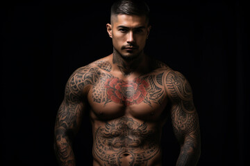 Fototapeta na wymiar Confident man with muscular body tattooed on black background. AI Generated