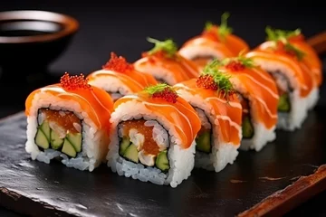 Fotobehang Delicious sushi rolls on black table Japanese food. AI Generated © wolfhound911
